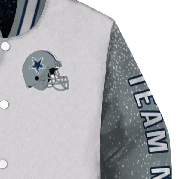 customized dallas cowboys speckled arms blue gray varsity jacket premium grade.webp