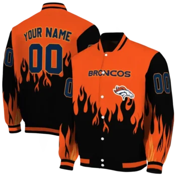 customized denver broncos flame border orange black varsity jacket fashion forward.webp