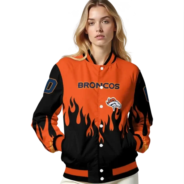 customized denver broncos flame border orange black varsity jacket latest model.webp