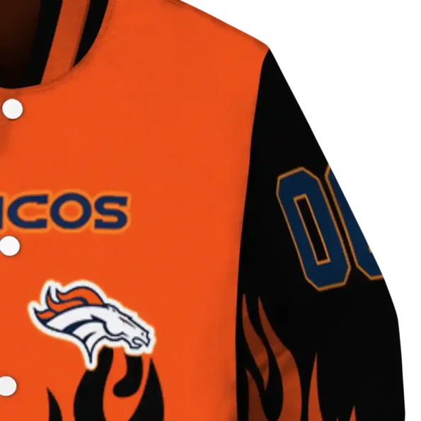 customized denver broncos flame border orange black varsity jacket premium grade.webp
