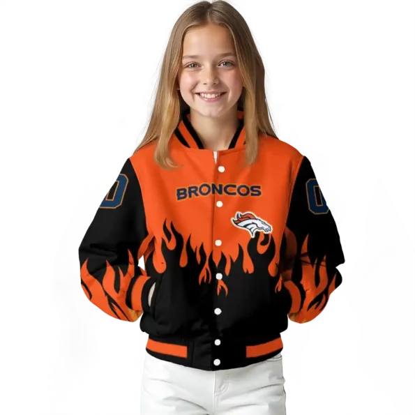 customized denver broncos flame border orange black varsity jacket top rated.webp