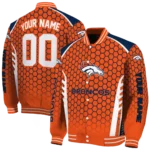 customized denver broncos hexagon grid orange varsity jacket best selling.webp
