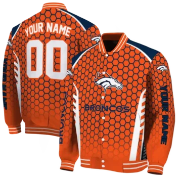customized denver broncos hexagon grid orange varsity jacket fashion forward.webp