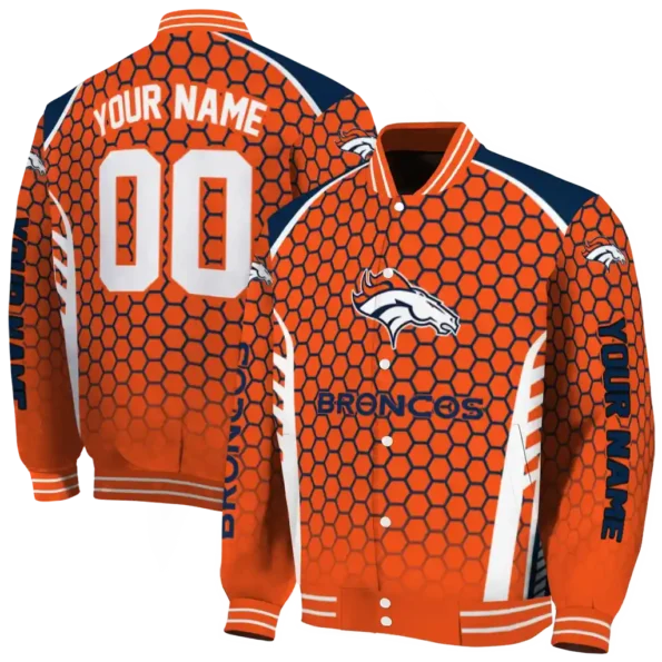 customized denver broncos hexagon grid orange varsity jacket fashion forward.webp
