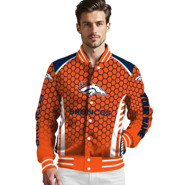 customized denver broncos hexagon grid orange varsity jacket high quality.webp