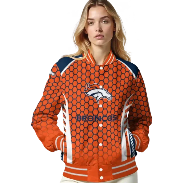 customized denver broncos hexagon grid orange varsity jacket latest model.webp