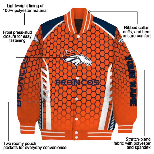 customized denver broncos hexagon grid orange varsity jacket new arrival.webp