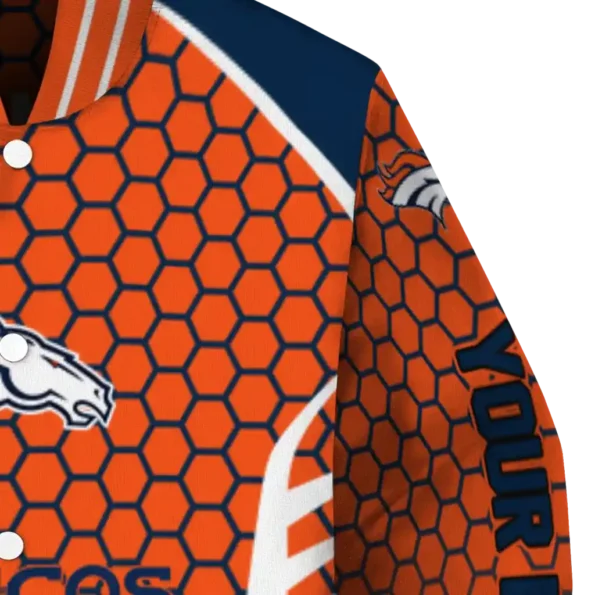 customized denver broncos hexagon grid orange varsity jacket premium grade.webp
