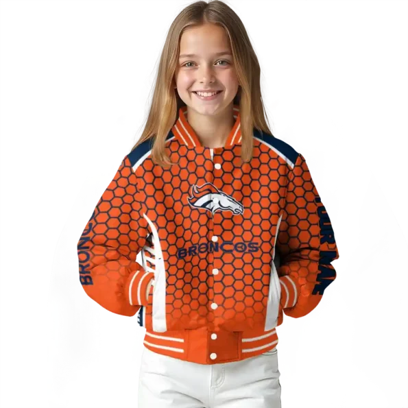 customized denver broncos hexagon grid orange varsity jacket top rated.webp