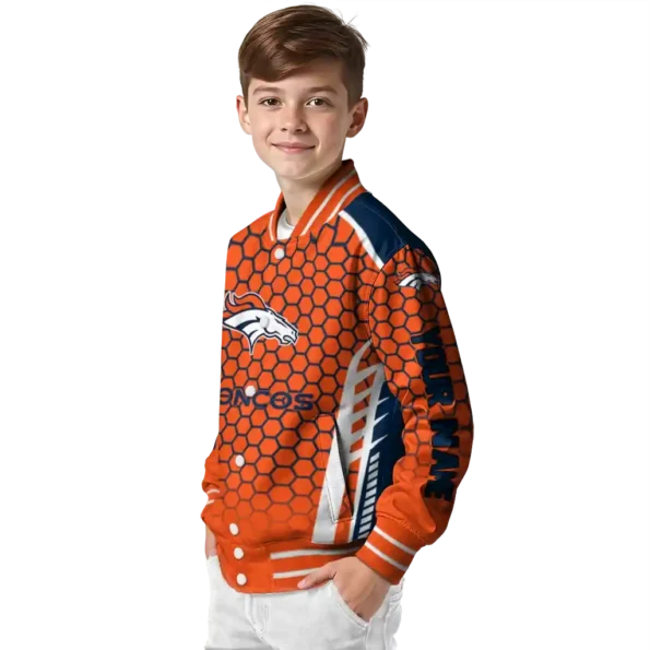 customized denver broncos hexagon grid orange varsity jacket trendy.webp