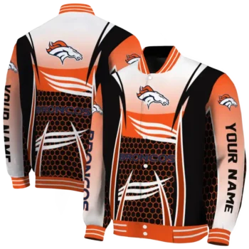 customized denver broncos mesh effect orange black varsity jacket fashion forward.webp