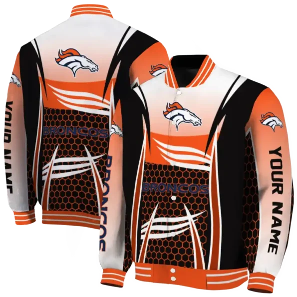 customized denver broncos mesh effect orange black varsity jacket fashion forward.webp