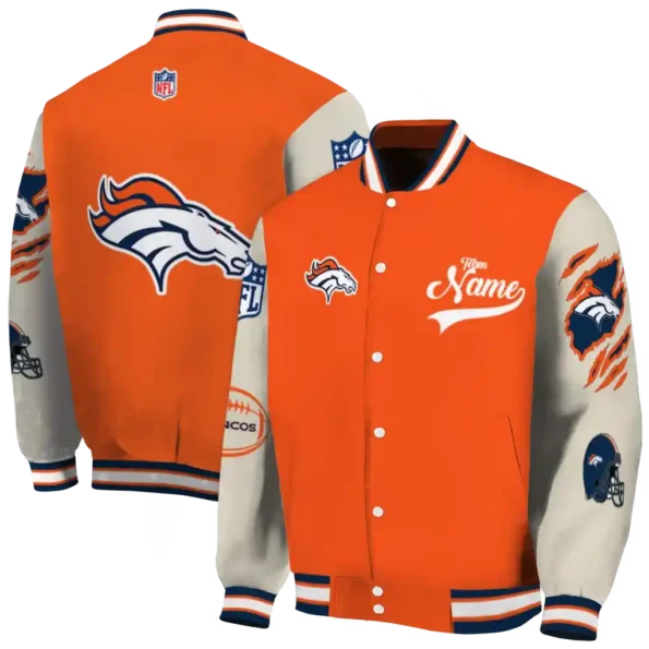 customized denver broncos razorback outline orange nude varsity jacket fashion forward.webp