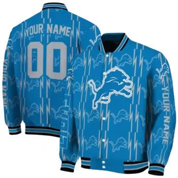 customized detroit lions bolt stripe blue varsity jacket fashion forward.webp