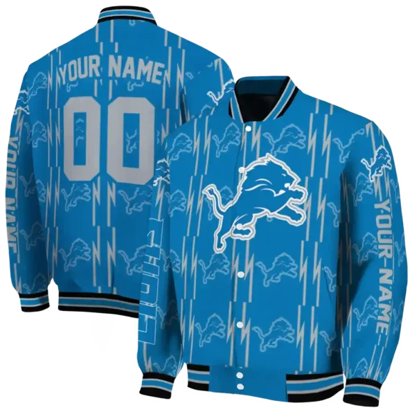 customized detroit lions bolt stripe blue varsity jacket fashion forward.webp