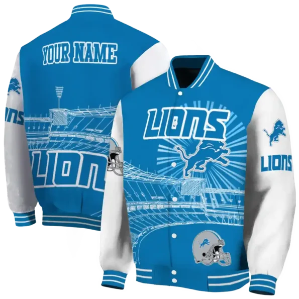 customized detroit lions ferris arena blue white varsity jacket fashion forward.webp