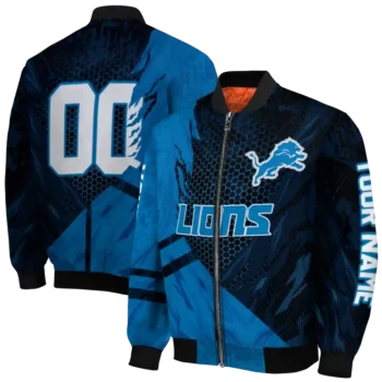 customized detroit lions hexagon mesh blue black bomber jacket fashion forward