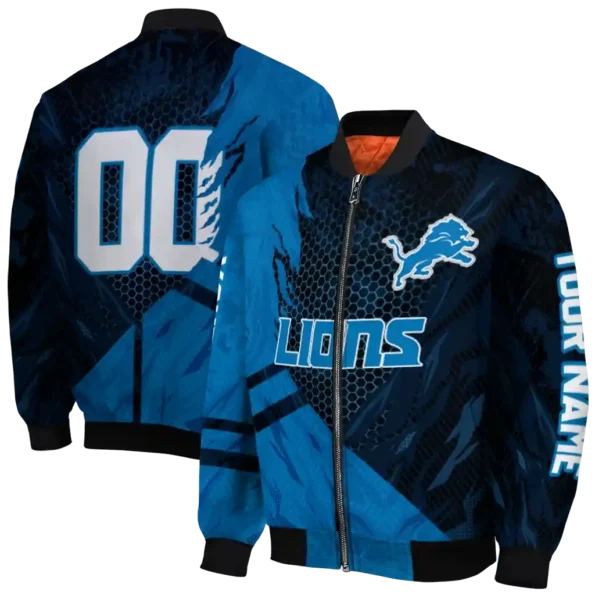 customized detroit lions hexagon mesh blue black bomber jacket fashion forward