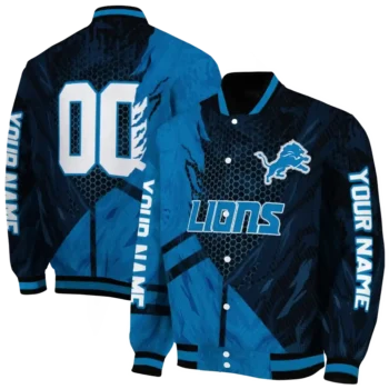 customized detroit lions hexagon mesh blue black varsity jacket fashion forward.webp