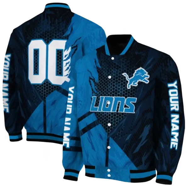 customized detroit lions hexagon mesh blue black varsity jacket fashion forward.webp