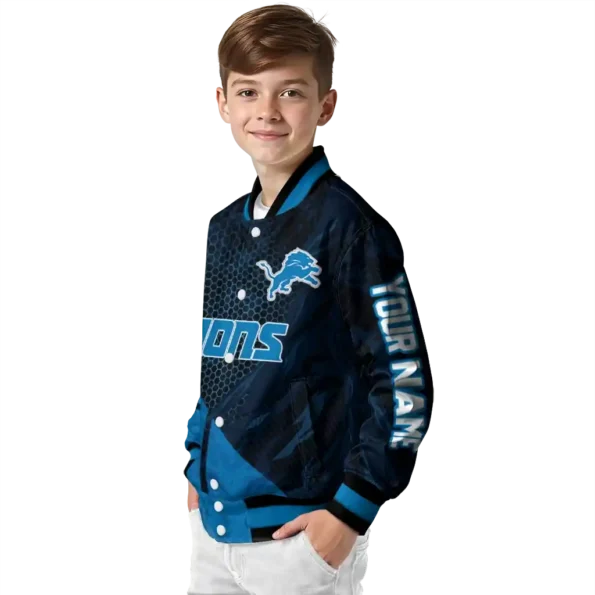 customized detroit lions hexagon mesh blue black varsity jacket trendy.webp