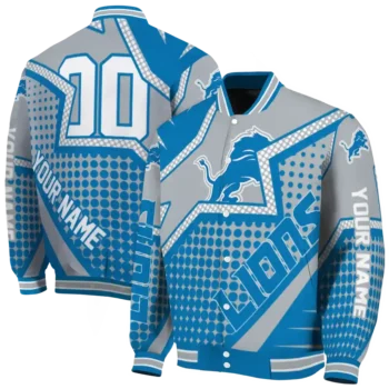 customized detroit lions star burst blue varsity jacket fashion forward.webp