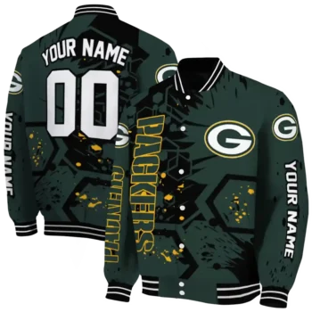 customized green bay packers hexagon cluster green black varsity jacket fashion forward.webp
