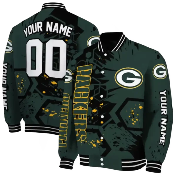 customized green bay packers hexagon cluster green black varsity jacket fashion forward.webp