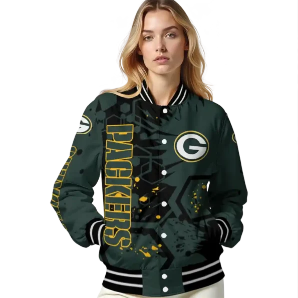 customized green bay packers hexagon cluster green black varsity jacket latest model.webp