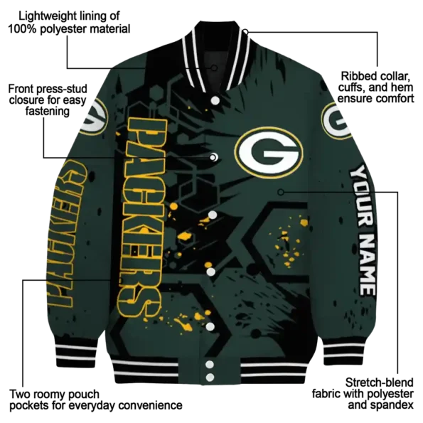 customized green bay packers hexagon cluster green black varsity jacket new arrival.webp
