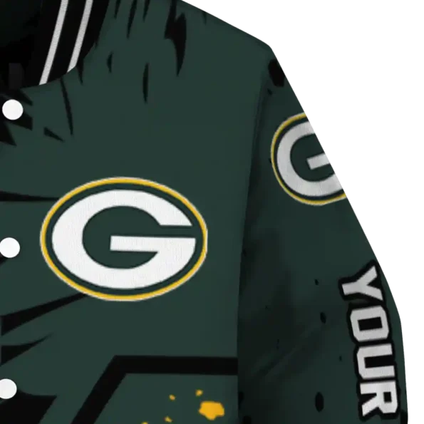 customized green bay packers hexagon cluster green black varsity jacket premium grade.webp