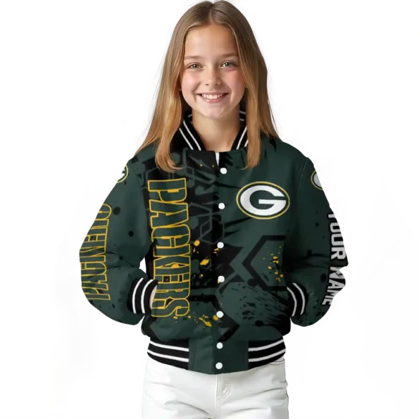 customized green bay packers hexagon cluster green black varsity jacket top rated.webp