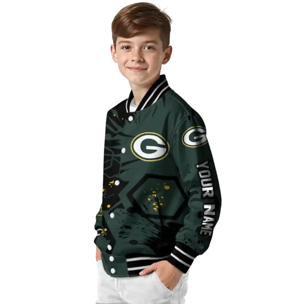customized green bay packers hexagon cluster green black varsity jacket trendy.webp