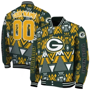 customized green bay packers pyramid shapes green varsity jacket fashion forward.webp