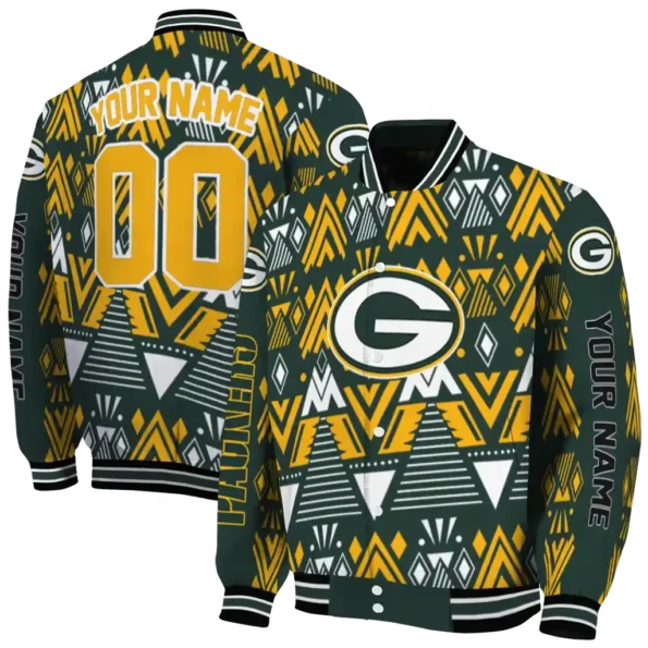 customized green bay packers pyramid shapes green varsity jacket fashion forward.webp