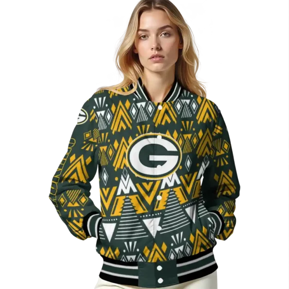 customized green bay packers pyramid shapes green varsity jacket latest model.webp