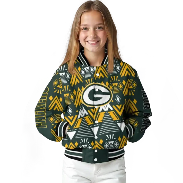 customized green bay packers pyramid shapes green varsity jacket top rated.webp