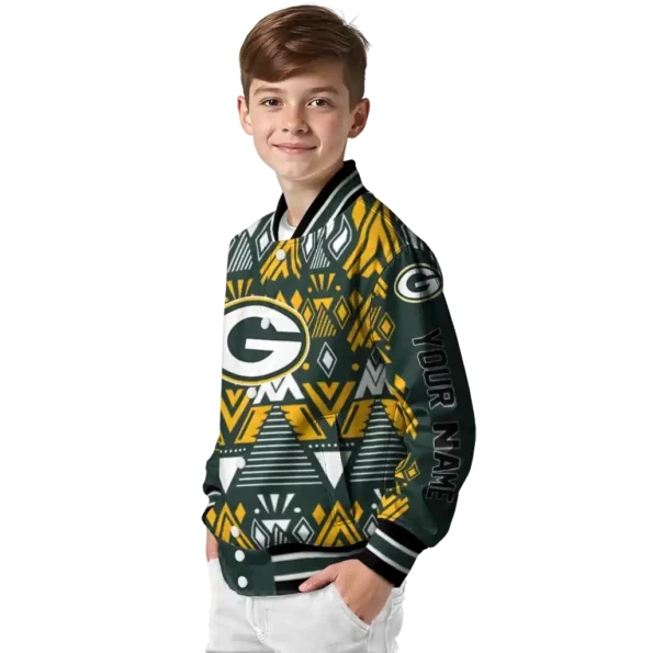 customized green bay packers pyramid shapes green varsity jacket trendy.webp