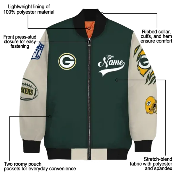 customized green bay packers razorback outline green nude bomber jacket new arrival