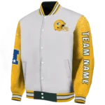 customized green bay packers speckled arms green gray varsity jacket best selling.webp