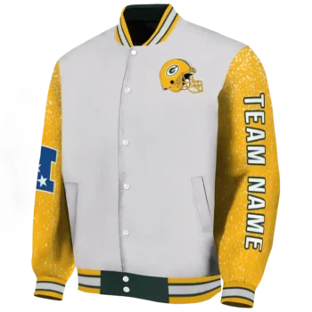 customized green bay packers speckled arms green gray varsity jacket best selling.webp