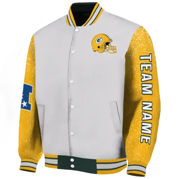 customized green bay packers speckled arms green gray varsity jacket best selling.webp