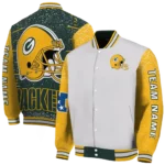 customized green bay packers speckled arms green gray varsity jacket best selling.webp