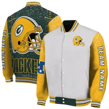 customized green bay packers speckled arms green gray varsity jacket fashion forward.webp