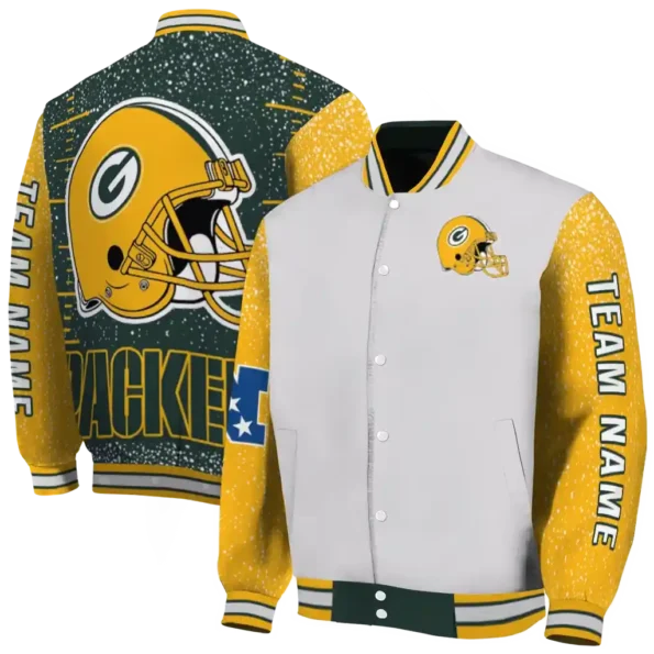 customized green bay packers speckled arms green gray varsity jacket fashion forward.webp