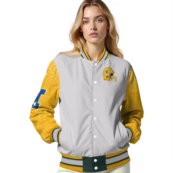 customized green bay packers speckled arms green gray varsity jacket latest model.webp