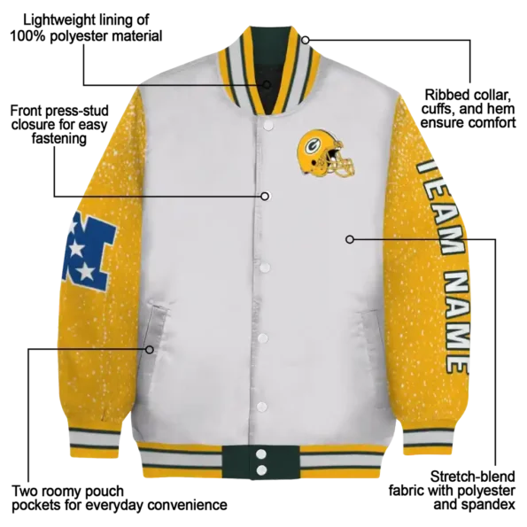 customized green bay packers speckled arms green gray varsity jacket new arrival.webp