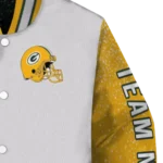 customized green bay packers speckled arms green gray varsity jacket best selling.webp