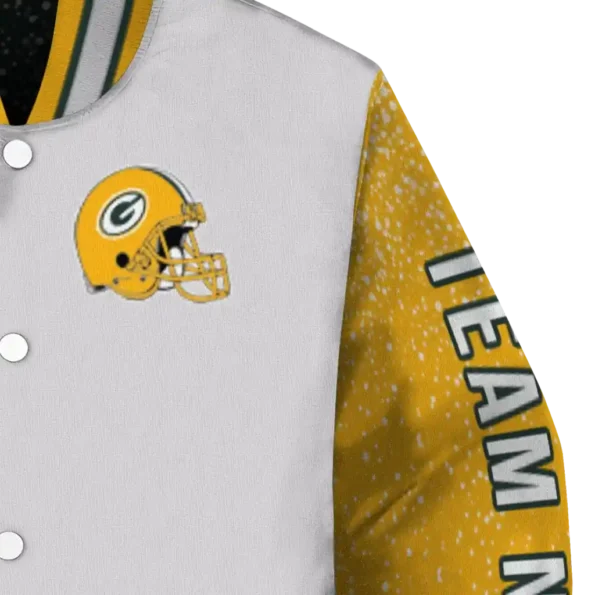 customized green bay packers speckled arms green gray varsity jacket premium grade.webp