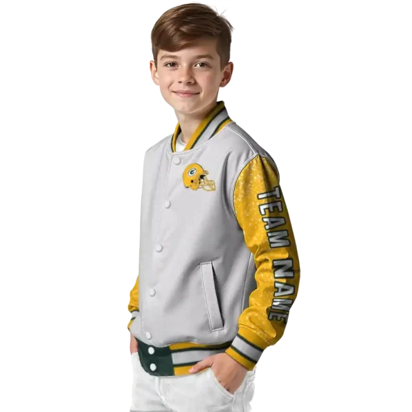 customized green bay packers speckled arms green gray varsity jacket trendy.webp